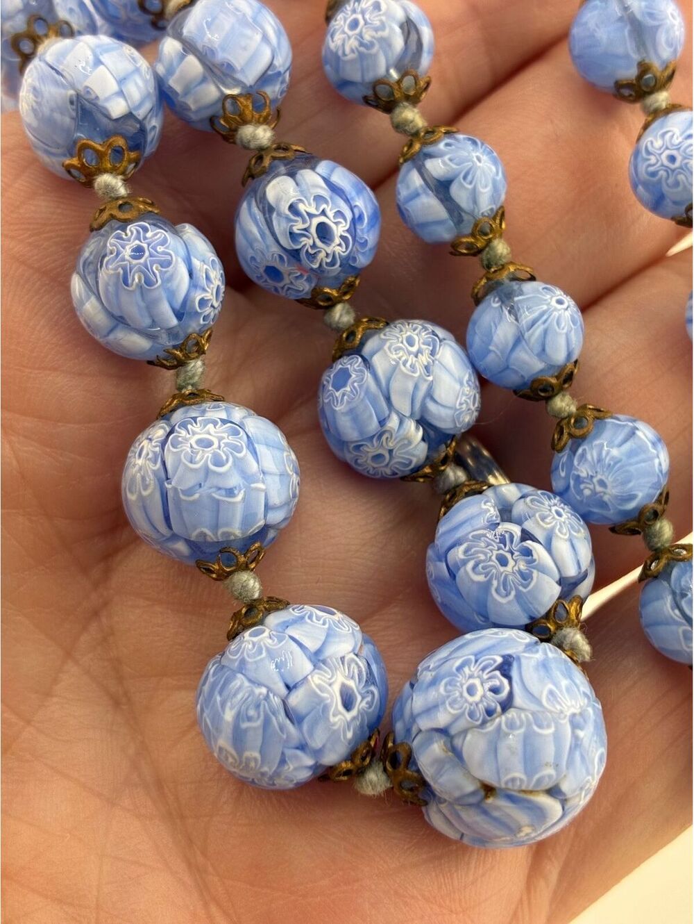 Vintage Blue Millefiori Venetian Textured Graduated Glass Bead 24" Necklace - Picture 8 of 12